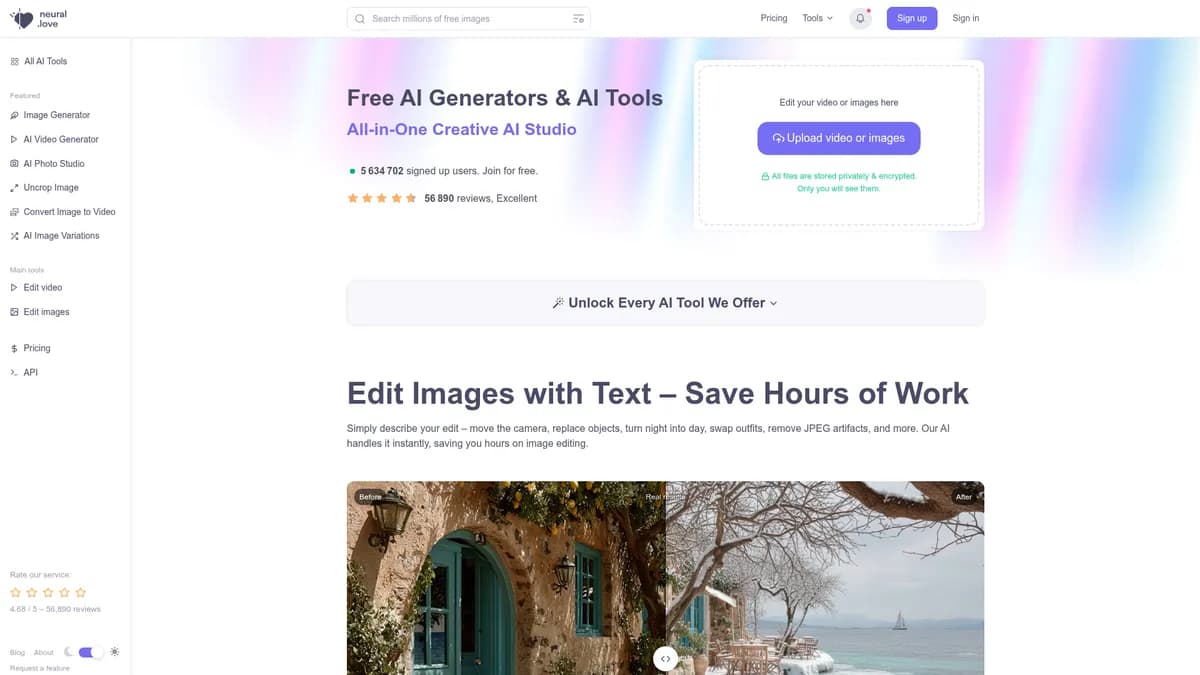 Neural.love interface screenshot — All-in-one AI creative studio for images, video, and audio