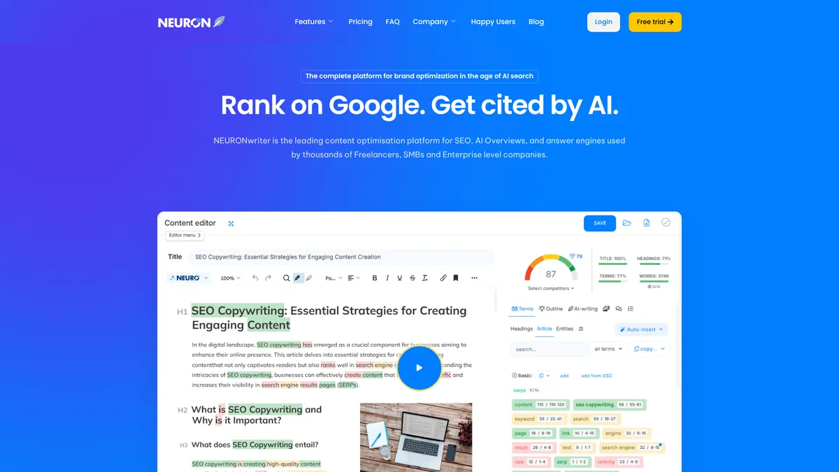 NEURONwriter interface screenshot — AI-powered SEO content optimization platform