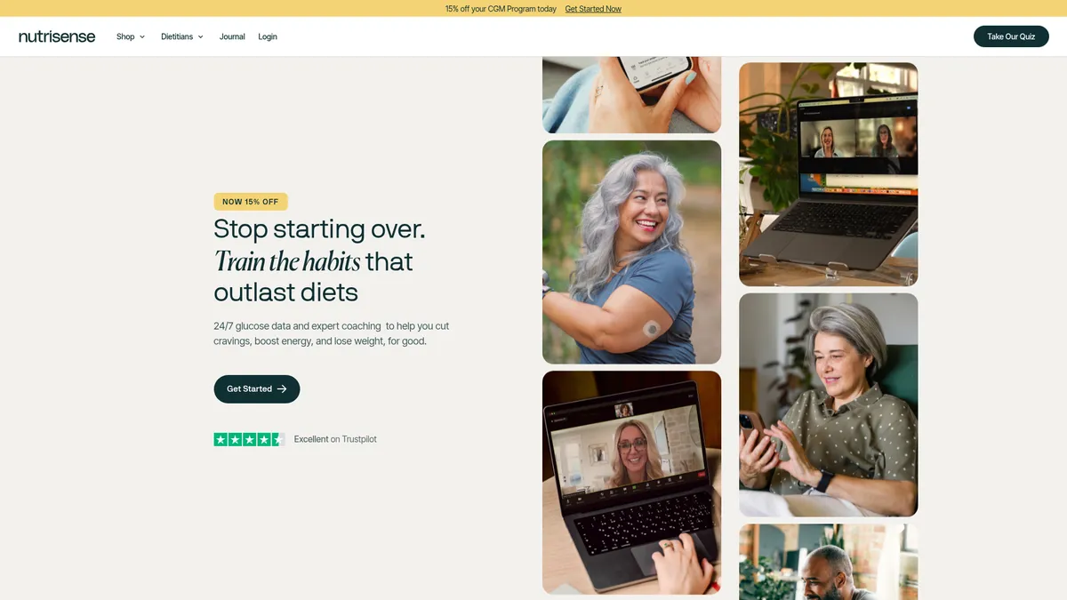 Nutrisense interface screenshot — Real-time CGM + AI insights + expert coaching