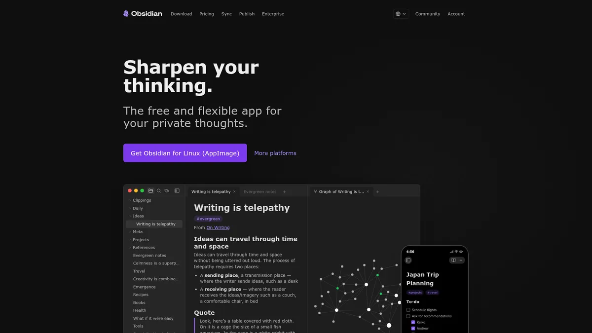 Obsidian interface screenshot — Build your second brain with linked notes