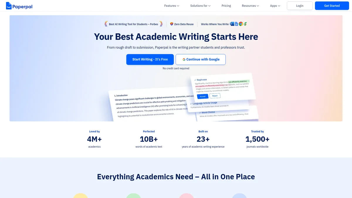Paperpal interface screenshot — AI academic writing assistant for students & researchers