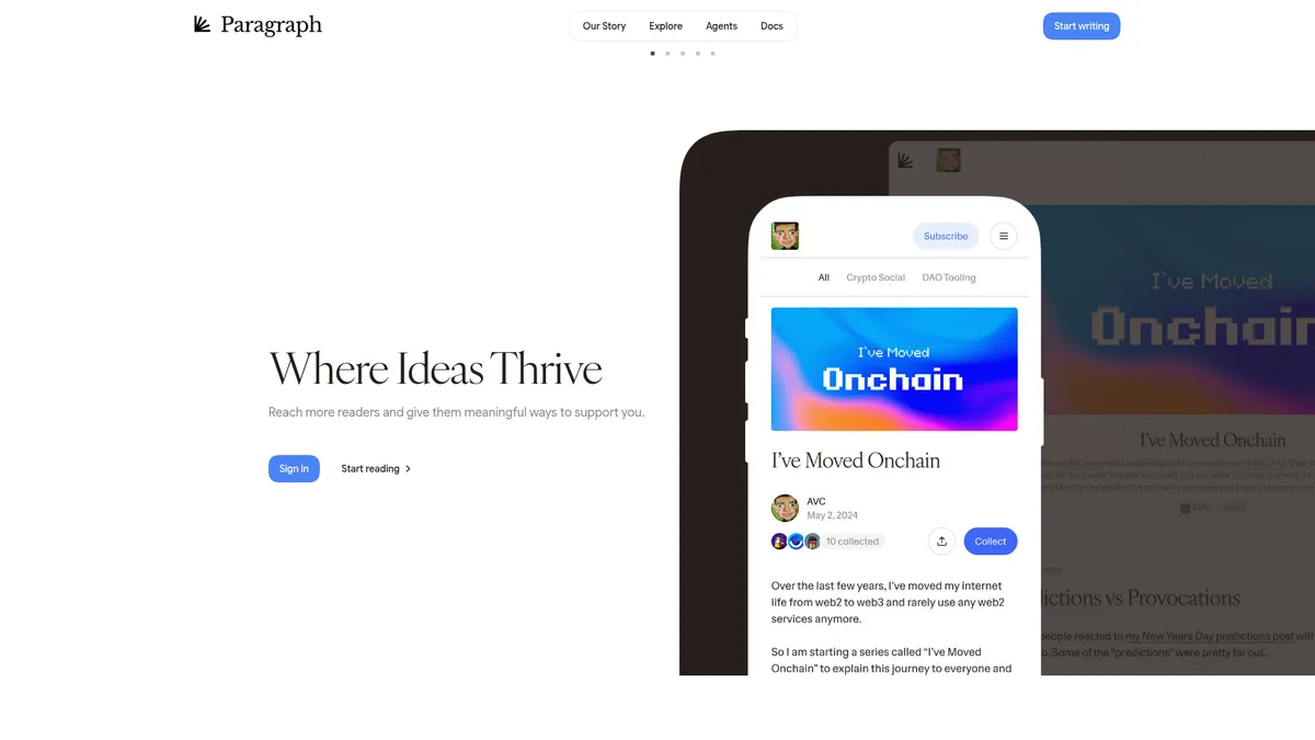 Paragraph interface screenshot — Own your audience with web3-powered publishing