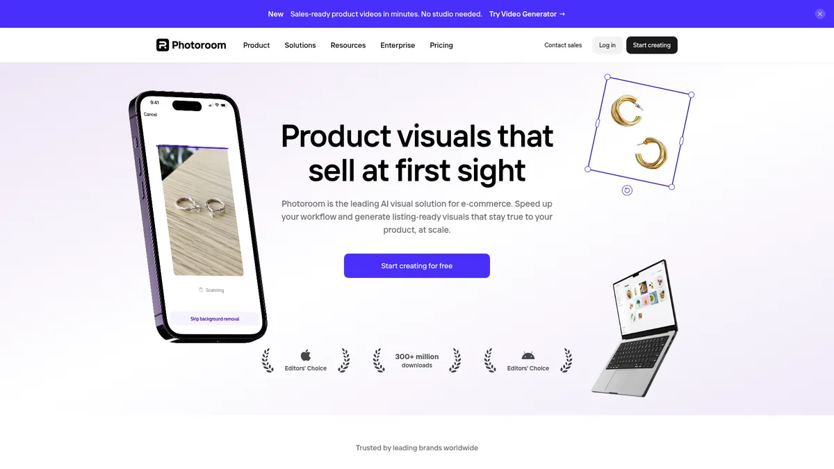 Photoroom interface screenshot — AI-powered product photography, no studio required