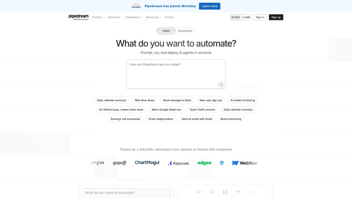 Pipedream interface screenshot — Build AI agents and workflow automations in seconds