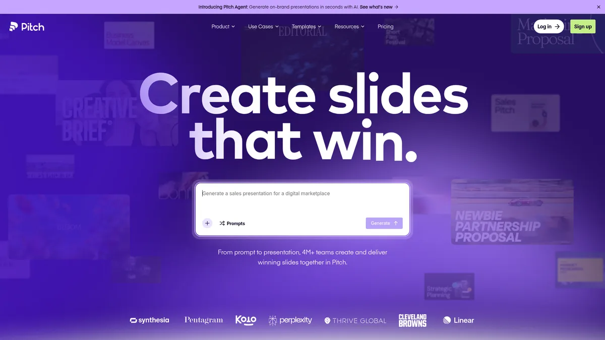 Pitch interface screenshot — AI-powered presentations for winning teams