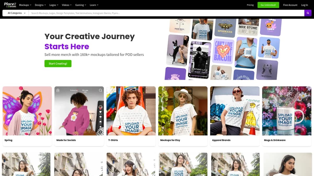 Placeit interface screenshot — Unlimited mockups, designs & AI tools for creators