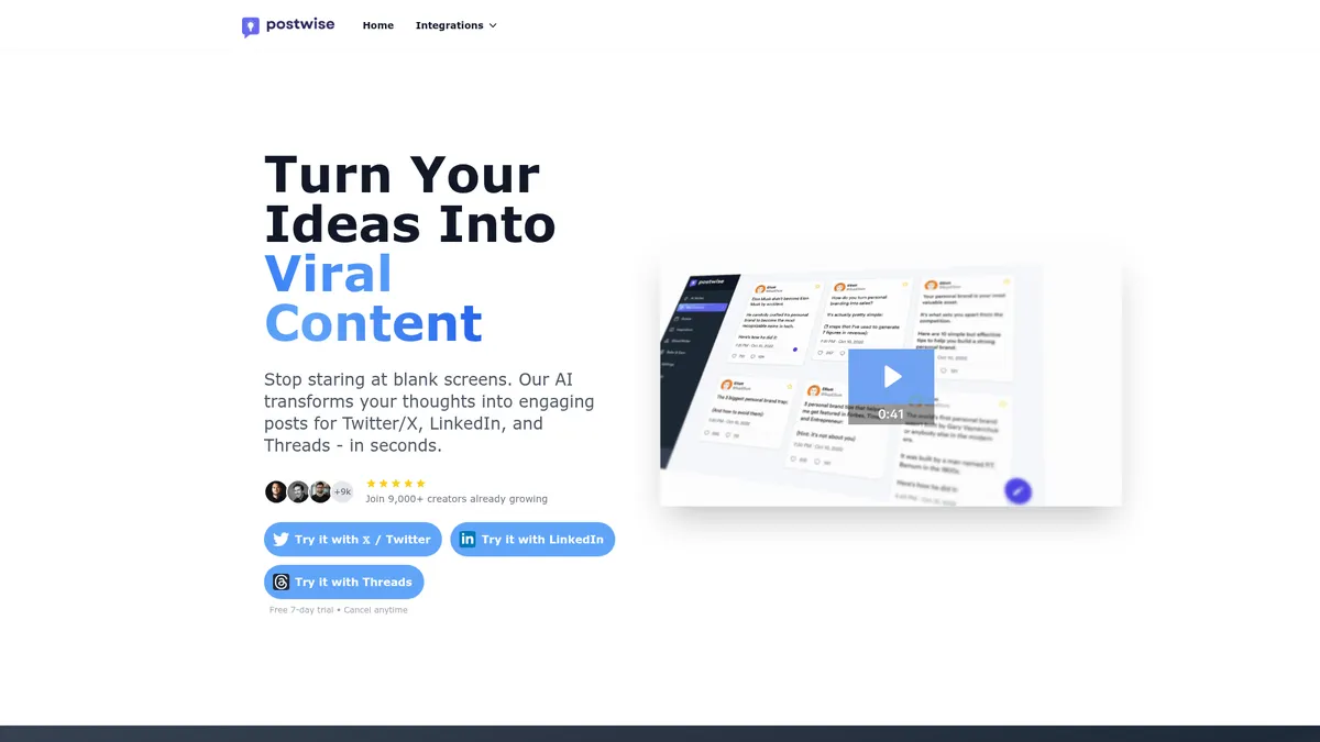 Postwise interface screenshot — AI social media scheduler for X, LinkedIn & Threads