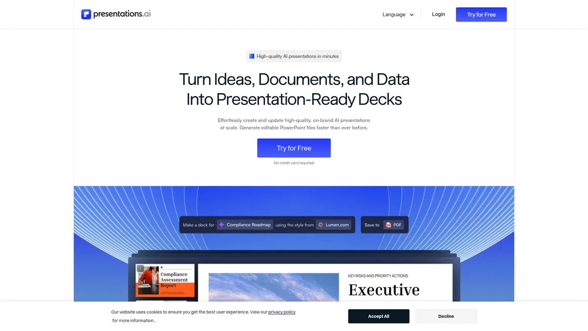 Presentations.AI interface screenshot — AI-powered presentations, minus the busywork