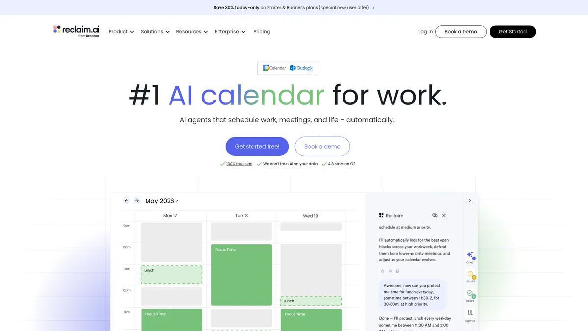 Reclaim.ai interface screenshot — AI calendar automation that protects your focus time