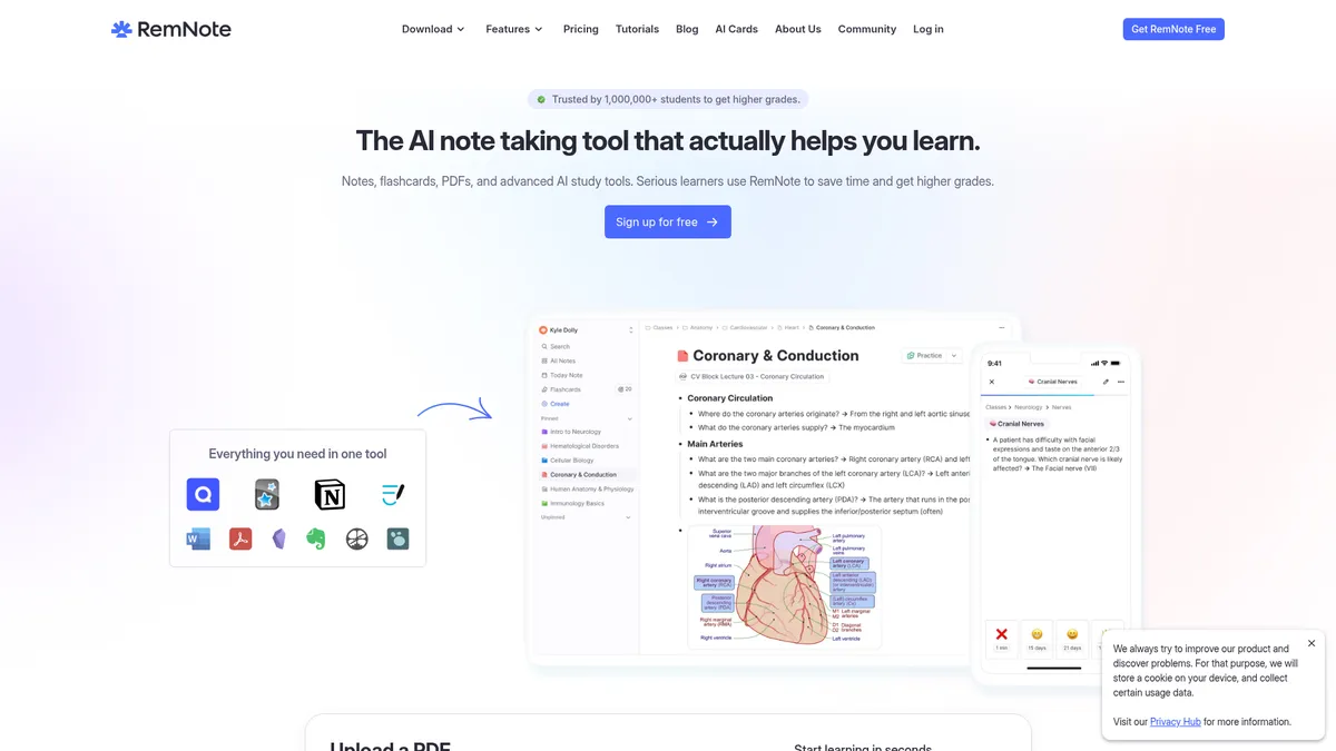 RemNote interface screenshot — AI-powered all-in-one study platform for notes and flashcards