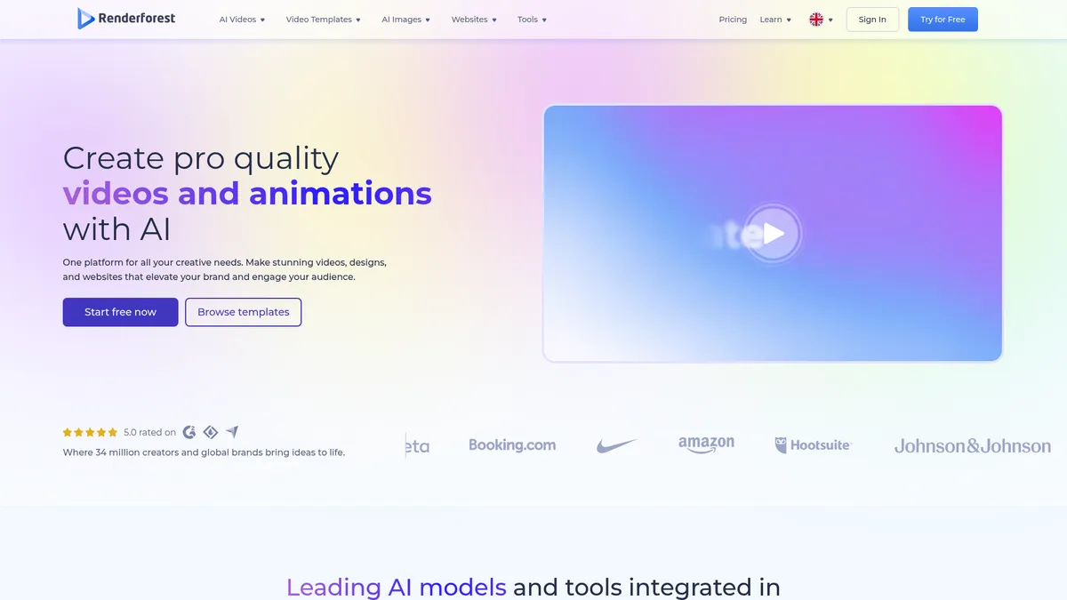 Renderforest interface screenshot — AI-powered branding for videos, logos & websites