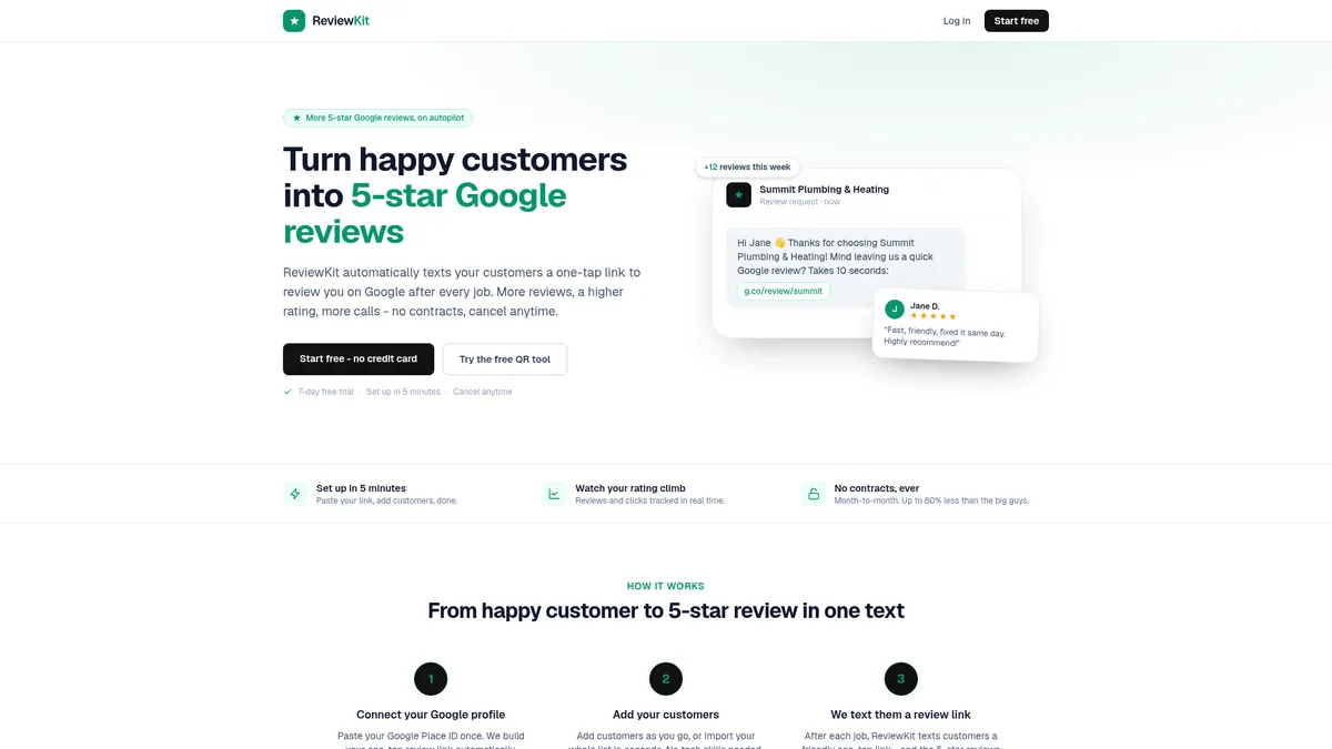 ReviewKit interface screenshot — Automate Google review collection for local businesses