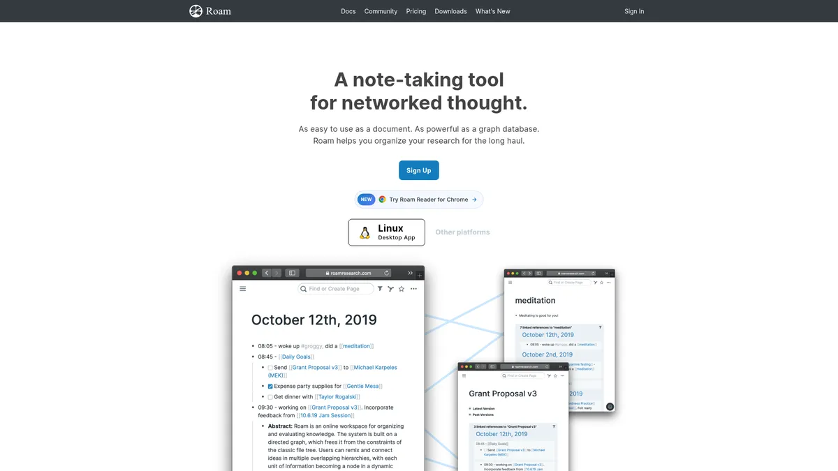 Roam Research interface screenshot — Your thoughts, connected. The original graph-based notes app.