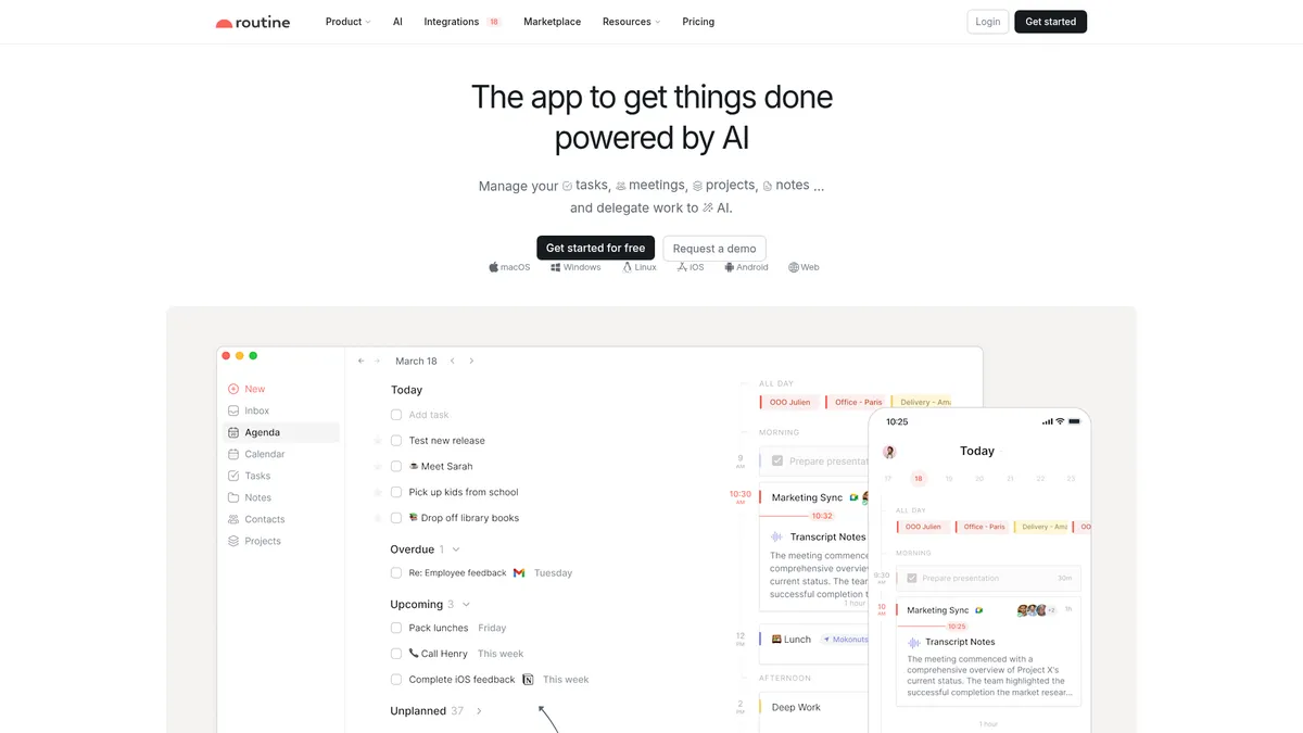 Routine interface screenshot — The AI workspace that unifies your digital life