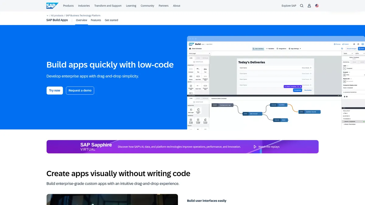SAP Build Apps interface screenshot — Enterprise low-code platform with AI-powered development