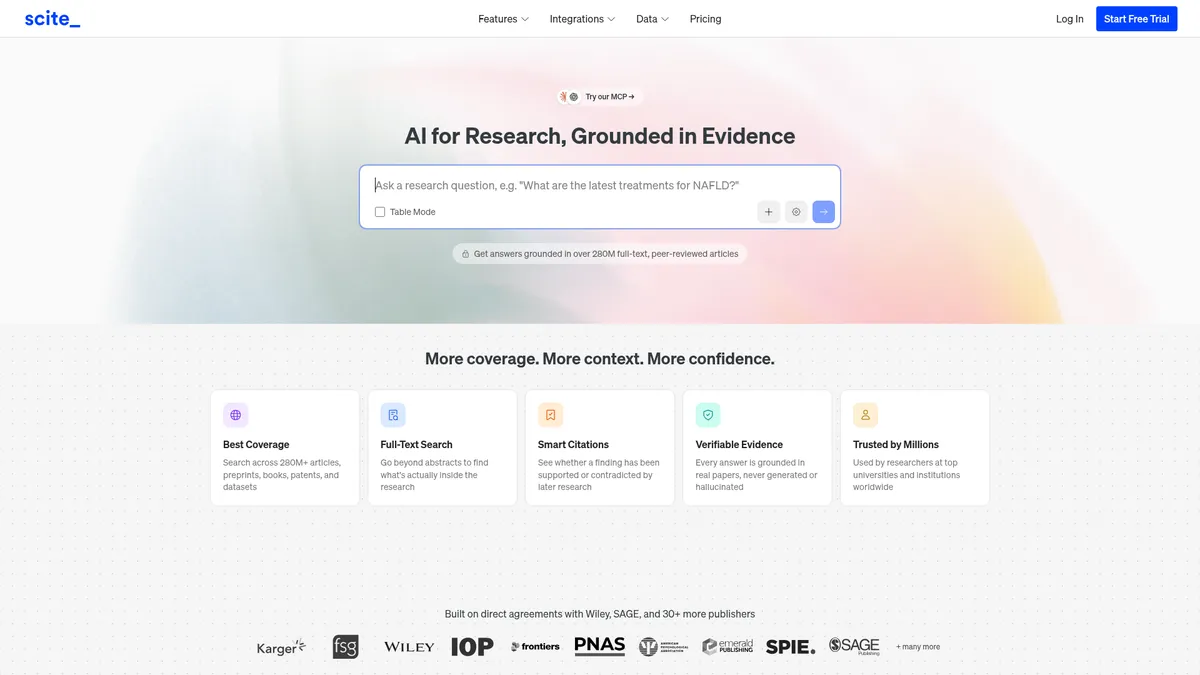 Scite interface screenshot — AI-powered research with verified citations