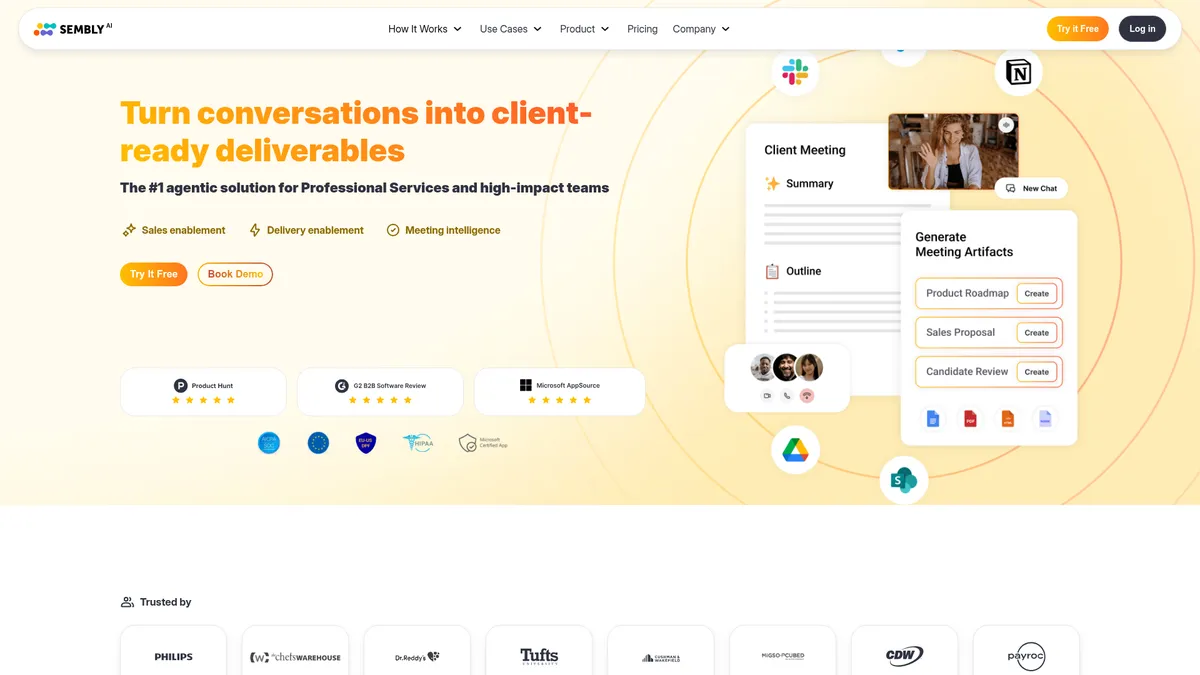 Sembly interface screenshot — AI meeting intelligence for high-impact teams