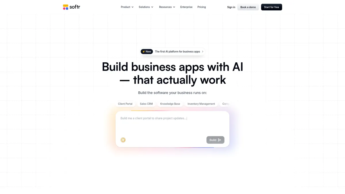 Softr interface screenshot — Describe your app, AI builds it instantly