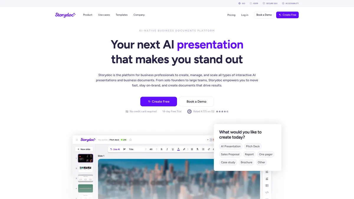 Storydoc interface screenshot — Create interactive AI-powered business documents in minutes