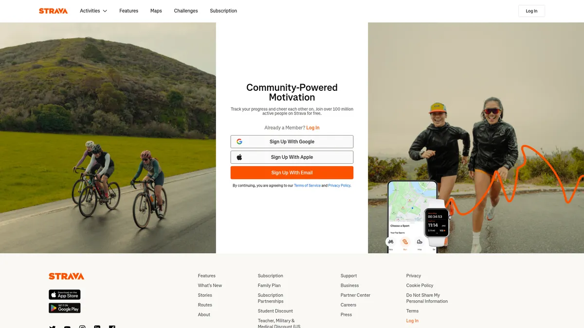 Strava interface screenshot — Track, compete & connect with 100M+ athletes