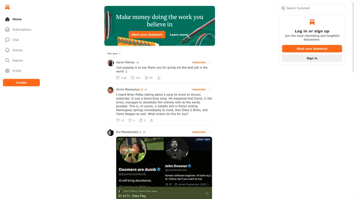 Substack interface screenshot — The all-in-one publishing platform for independent creators