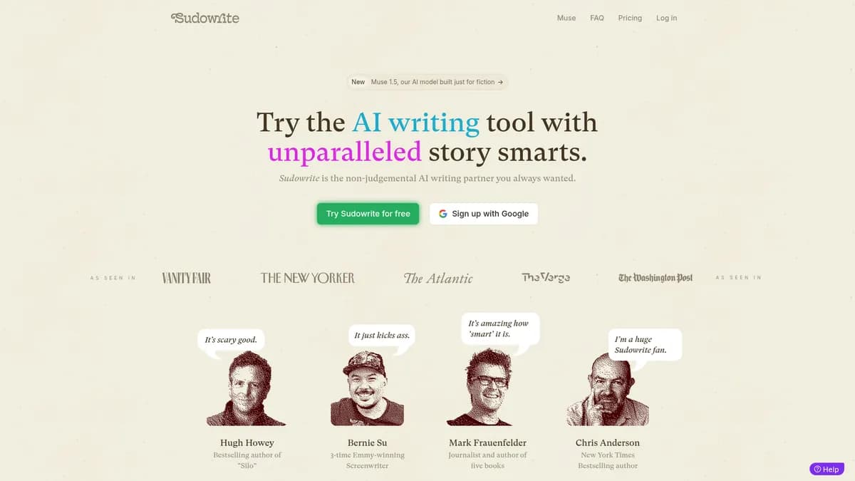 Sudowrite interface screenshot — AI writing partner for novelists and storytellers