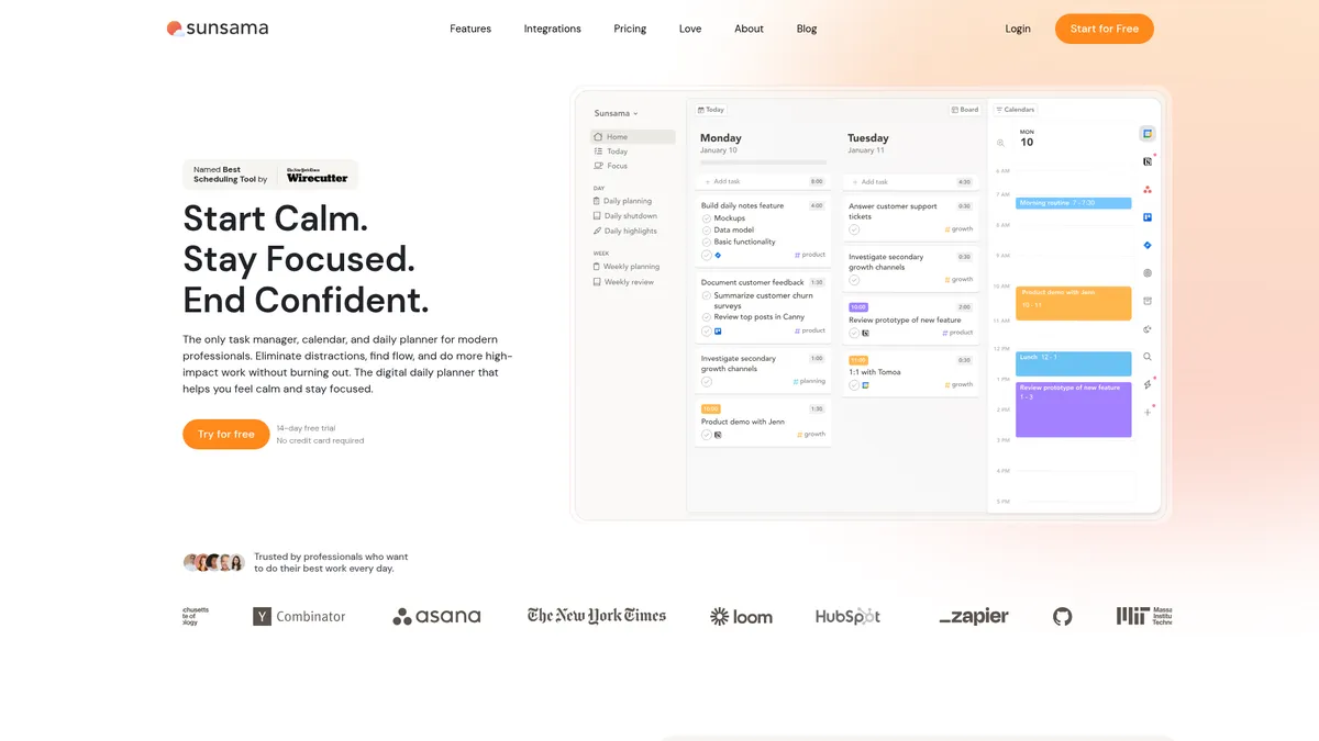 Sunsama interface screenshot — The calm daily planner for modern knowledge workers