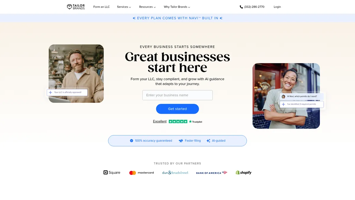 Tailor Brands interface screenshot — AI-Powered Business Formation & Branding Platform