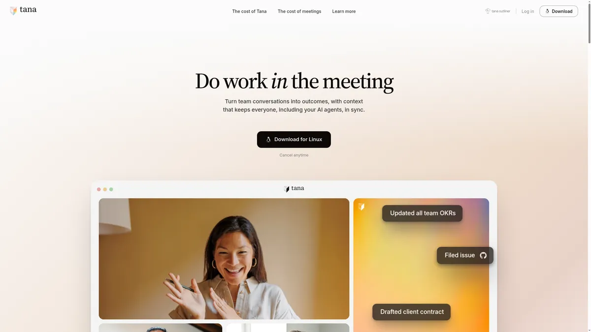 Tana interface screenshot — Your meetings turned into work, instantly