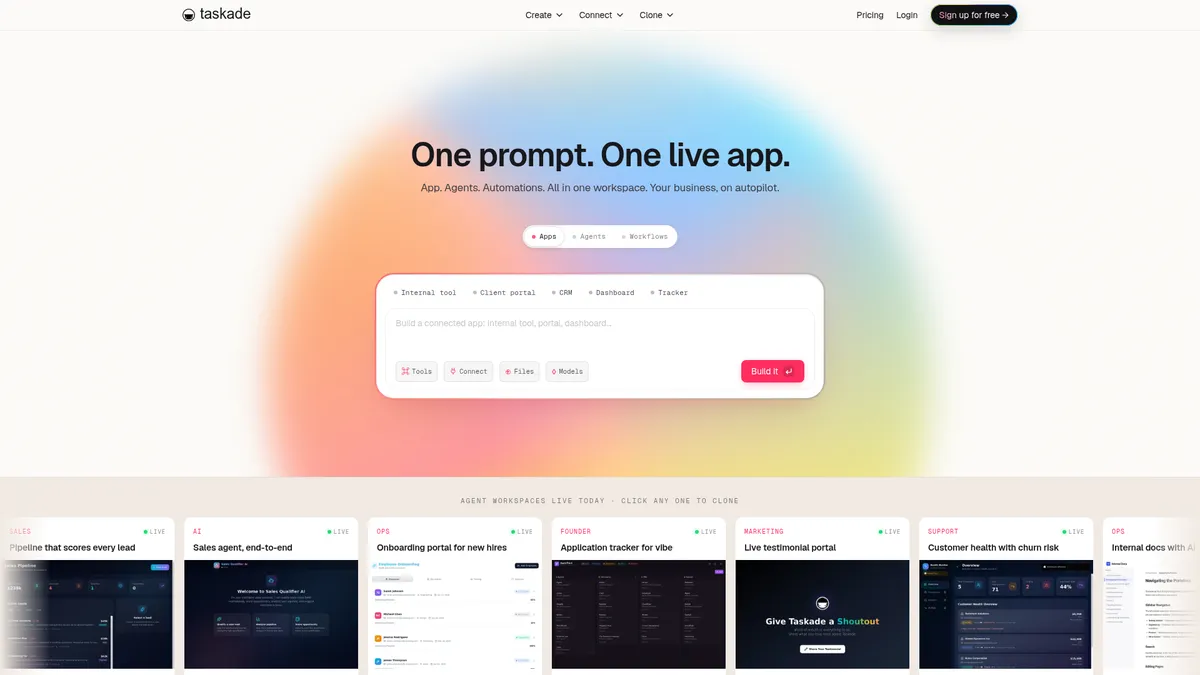 Taskade interface screenshot — Build custom apps, AI agents & workflows