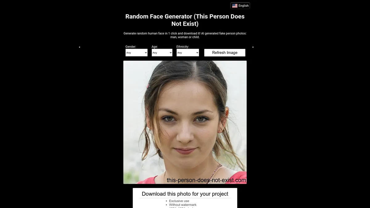 This Person Does Not Exist interface screenshot — Ultra-realistic AI-generated faces of people who don't exist