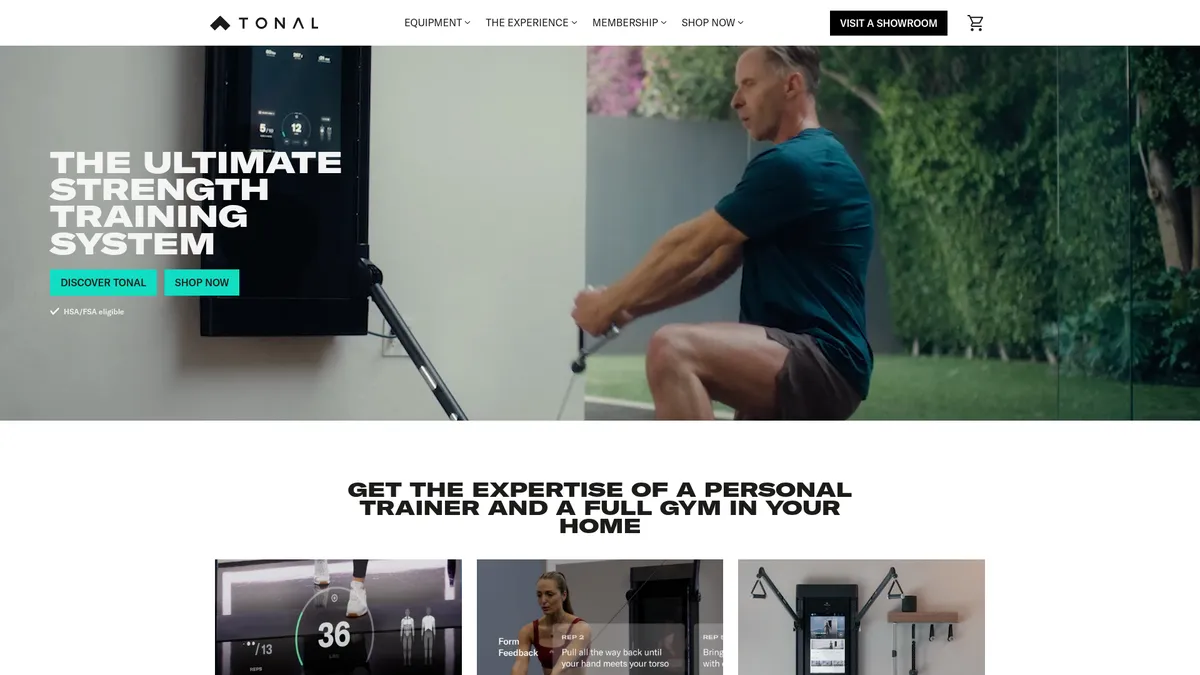 Tonal interface screenshot — Smart home gym with AI-powered strength training