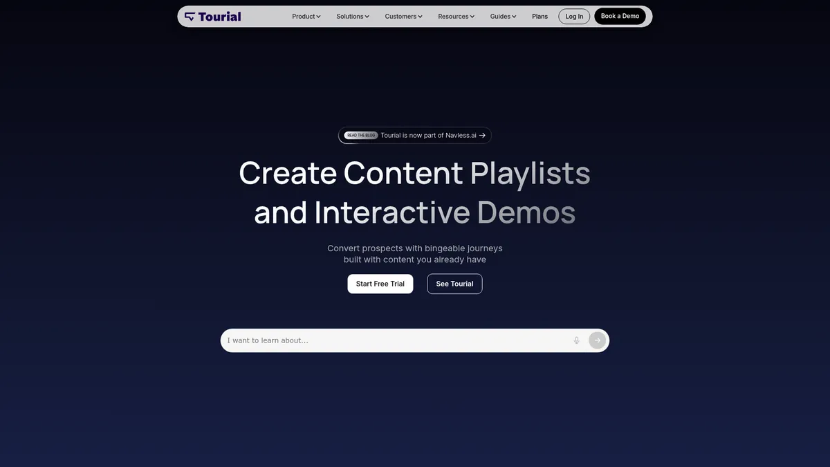 Tourial interface screenshot — AI-Powered Interactive Demos for B2B Sales & Marketing