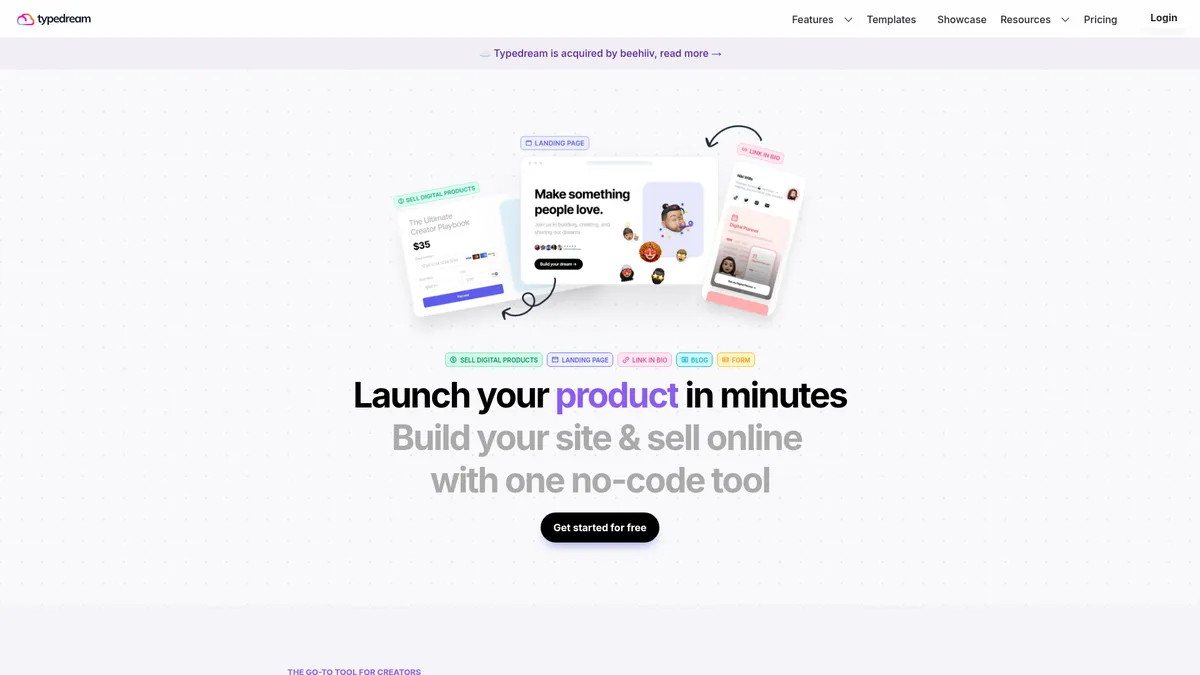Typedream interface screenshot — No-code website builder for creators and side-hustlers