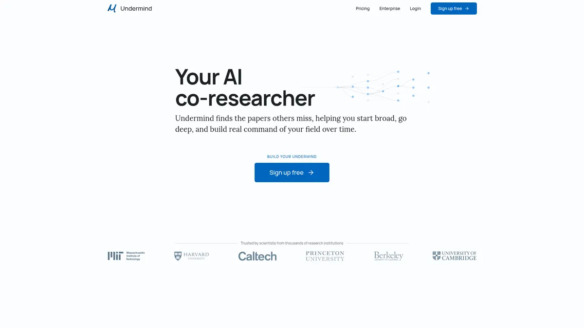 Undermind interface screenshot — AI co-researcher for scientific literature discovery