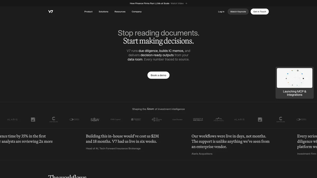 V7 interface screenshot — AI-powered due diligence and deal workflow platform