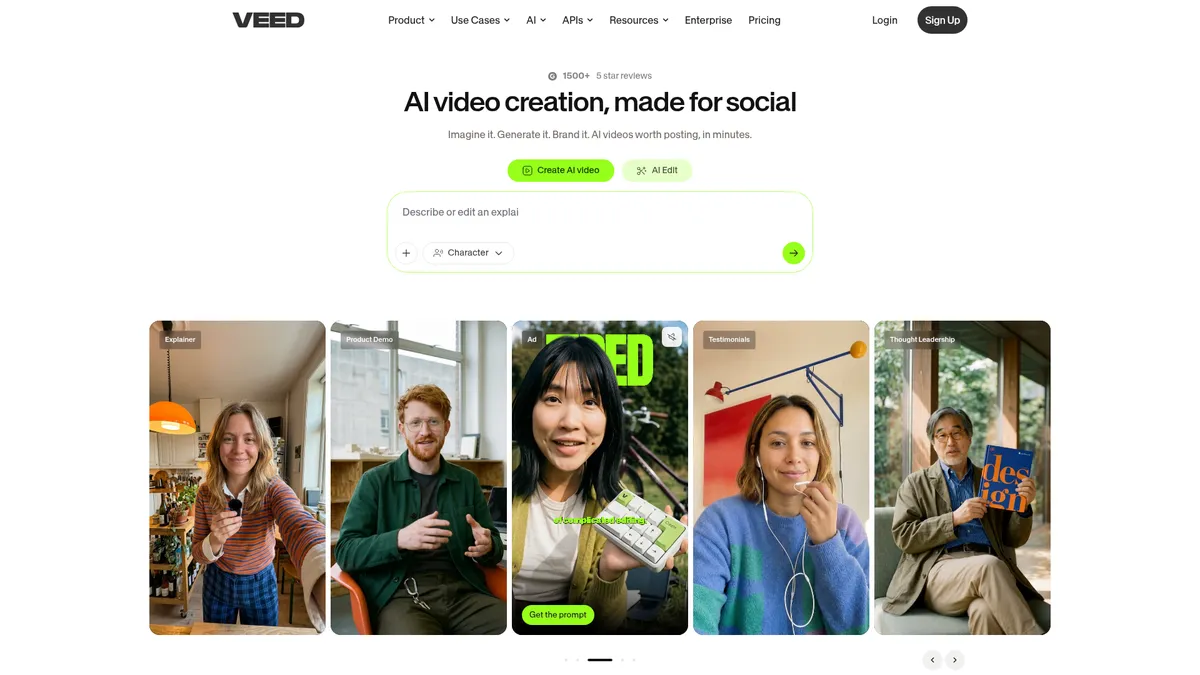 VEED interface screenshot — AI-powered video creation for marketers & creators