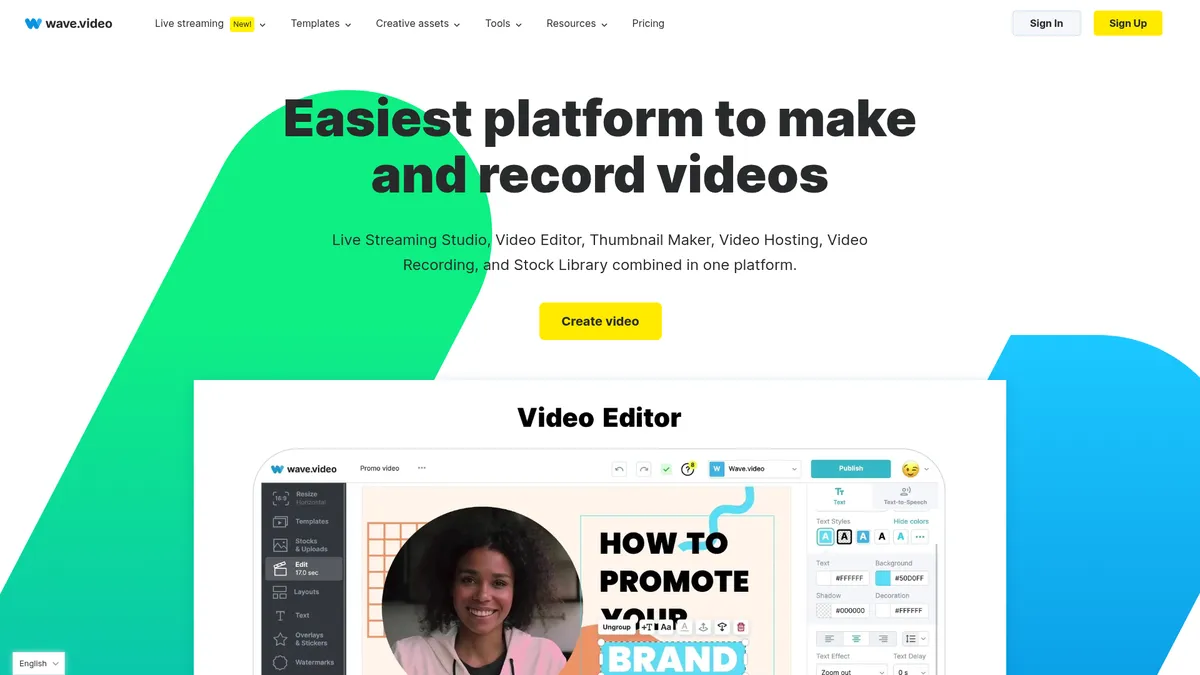 Wave.video interface screenshot — Create, edit, host, and stream videos with AI-powered simplicity.