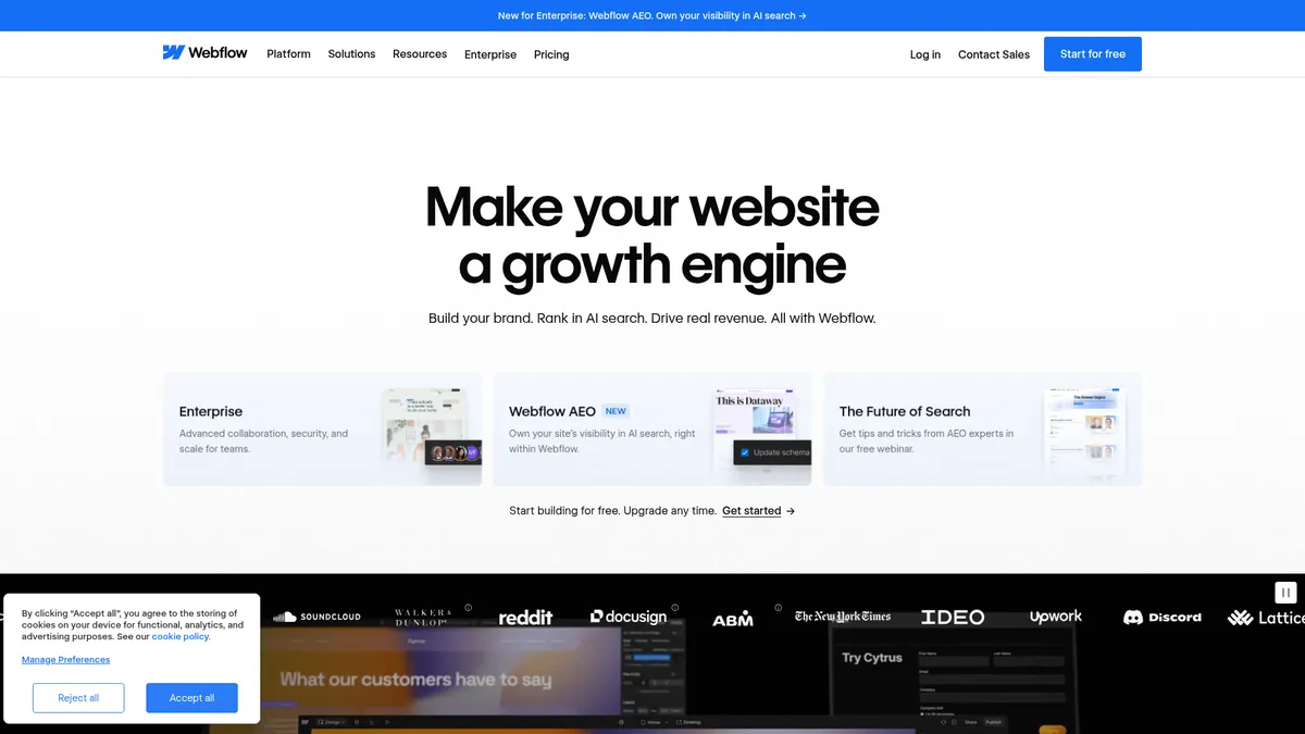 Webflow interface screenshot — Build production-ready websites visually with AI
