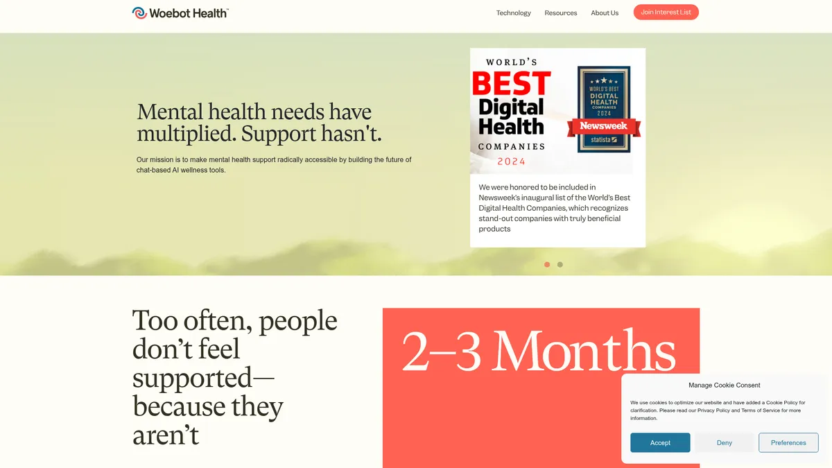 Woebot interface screenshot — AI-powered mental health support that's radically accessible