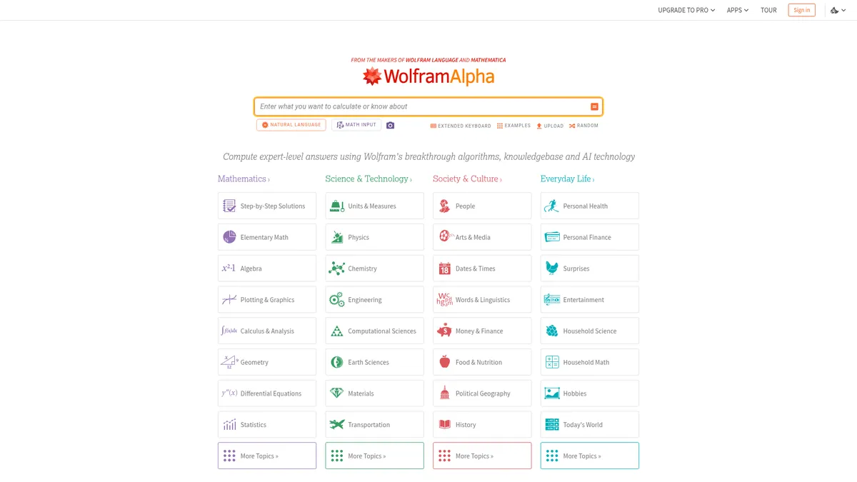 Wolfram|Alpha interface screenshot — Computational knowledge engine for precise, algorithmic answers