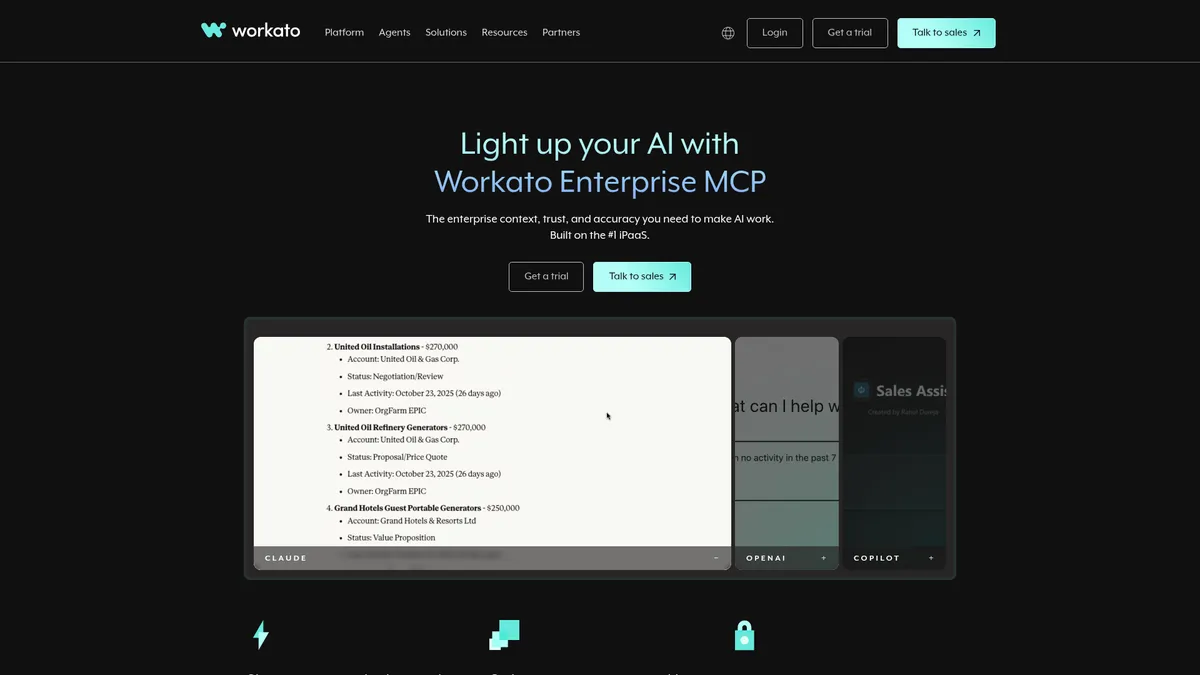 Workato interface screenshot — Enterprise automation platform for modern businesses