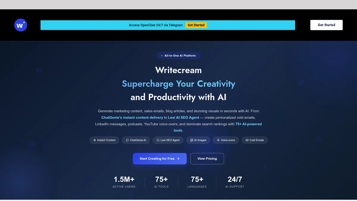 Writecream interface screenshot — All-in-one AI platform for content, SEO & outreach