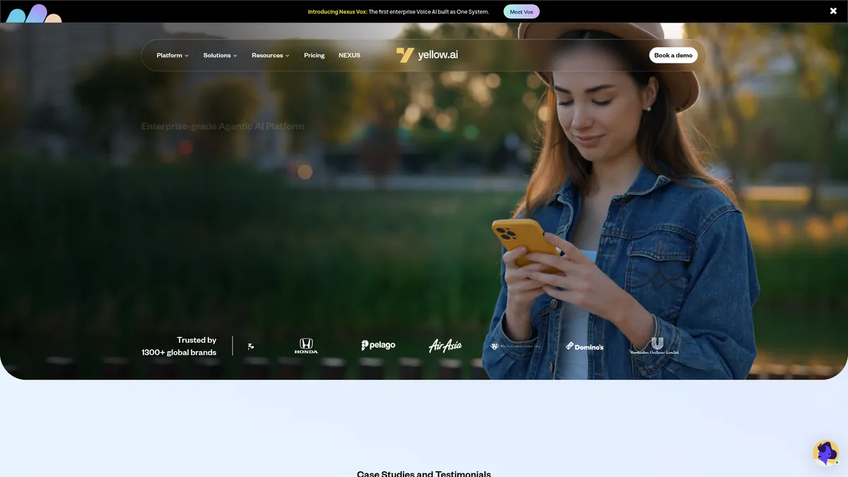 Yellow.ai interface screenshot — AI Agents That Think, Act, and Resolve Autonomously