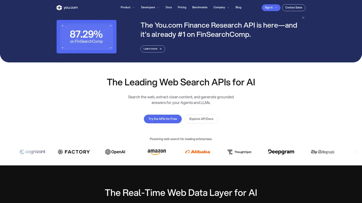 You.com interface screenshot — Search, research & finance APIs for AI agents