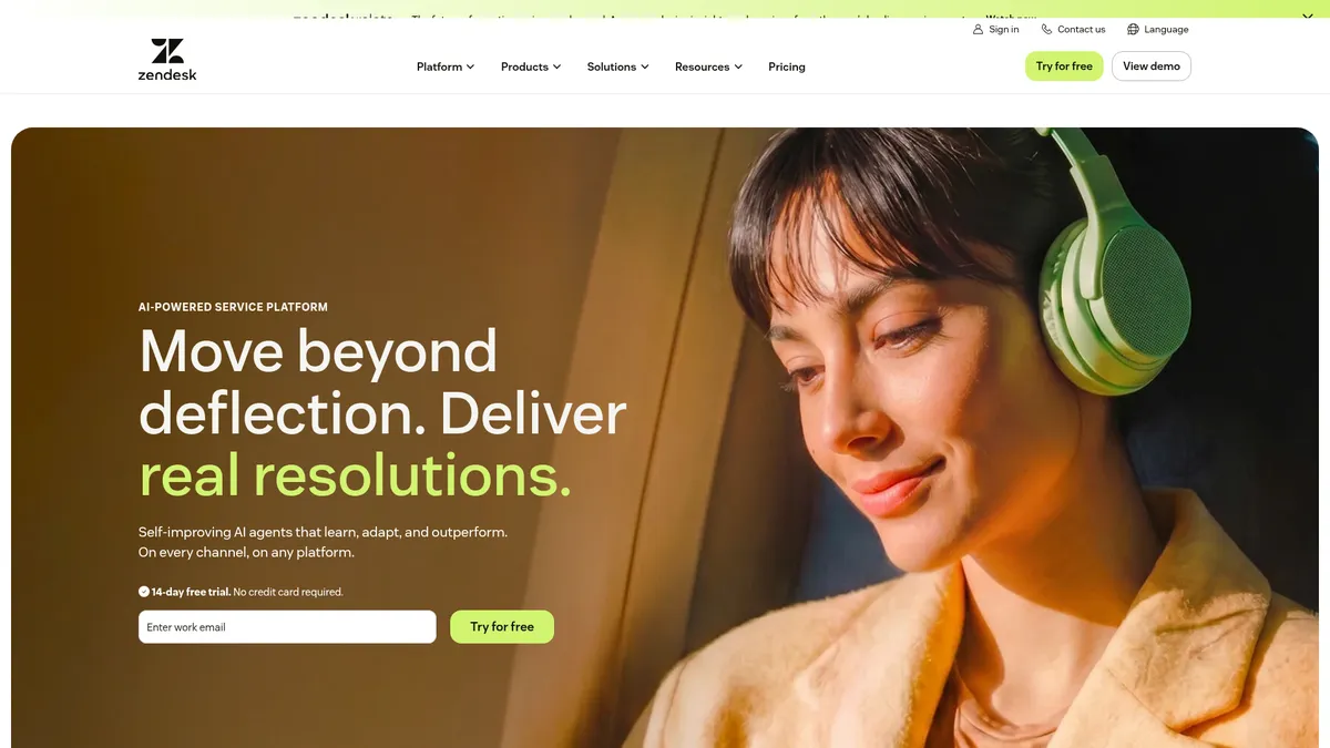 Zendesk interface screenshot — AI-first customer service platform for modern teams
