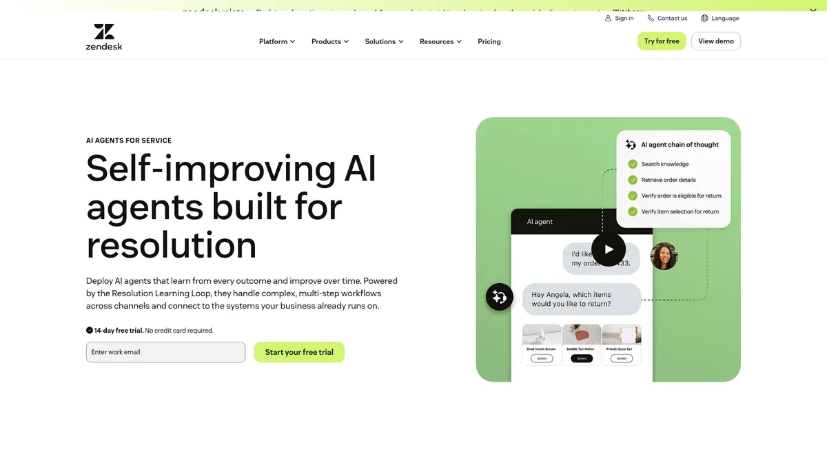 Zendesk AI Agents interface screenshot — Self-improving AI agents for customer service